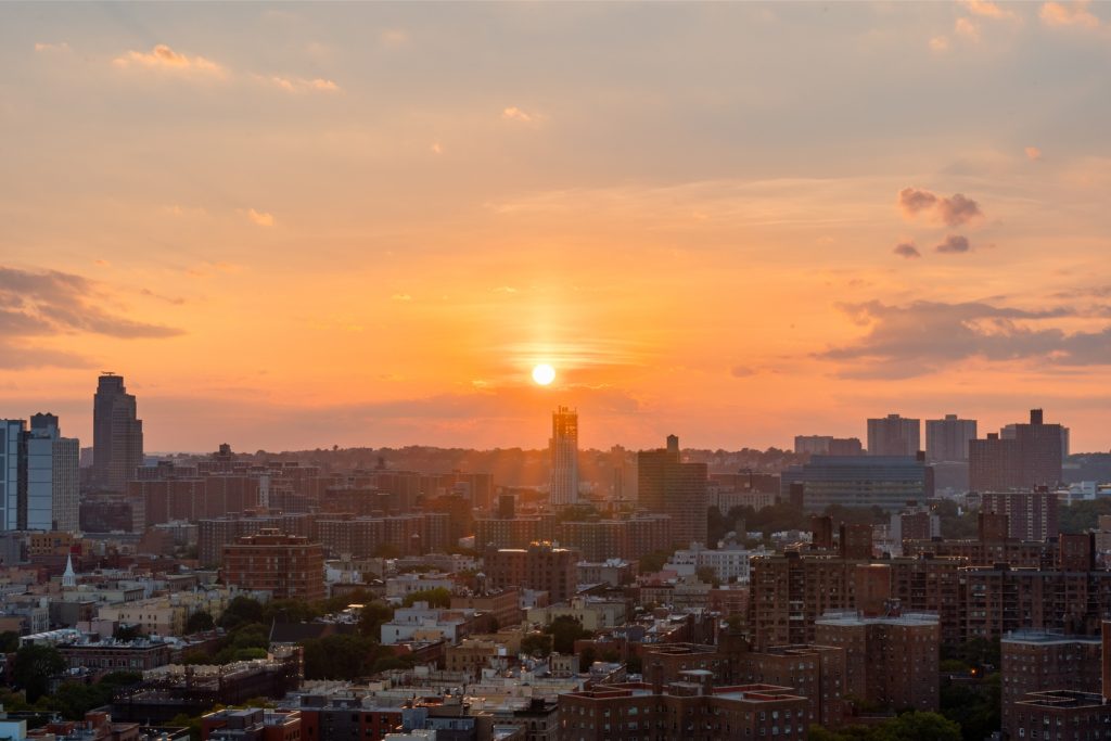 Sunset view over the NYC skyline as seen from a Maven's apartment in The Bronx